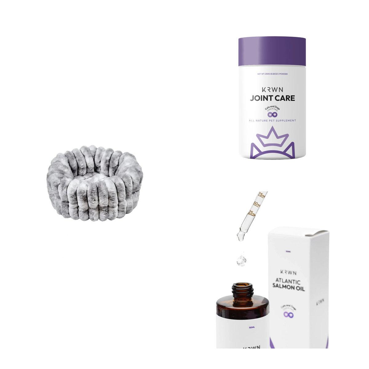 Bowsers Rest and Recovery bundle: The Muffy bed in Silver Fox with KRWN Joint Care and Atlantic Salmon Oil