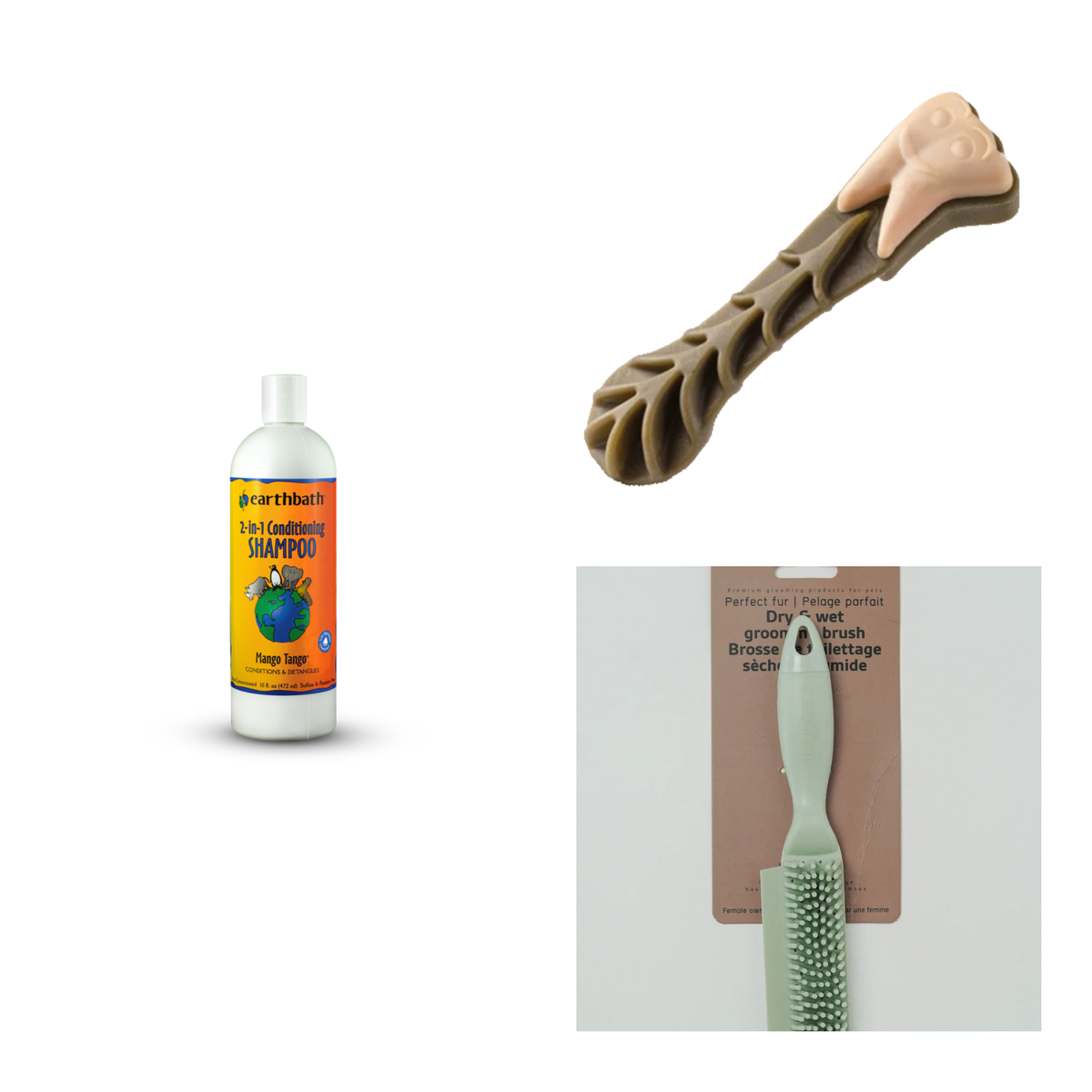 Bath Day bundle: Earthbath Mango Tango shampoo, Whimzees Brushzees dental chews and a Dexypaws Perfect Fur grooming brush
