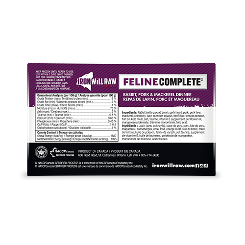 Iron Will Raw- Feline Complete Rabbit, Pork & Mackerel Dinner Frozen Cat Food