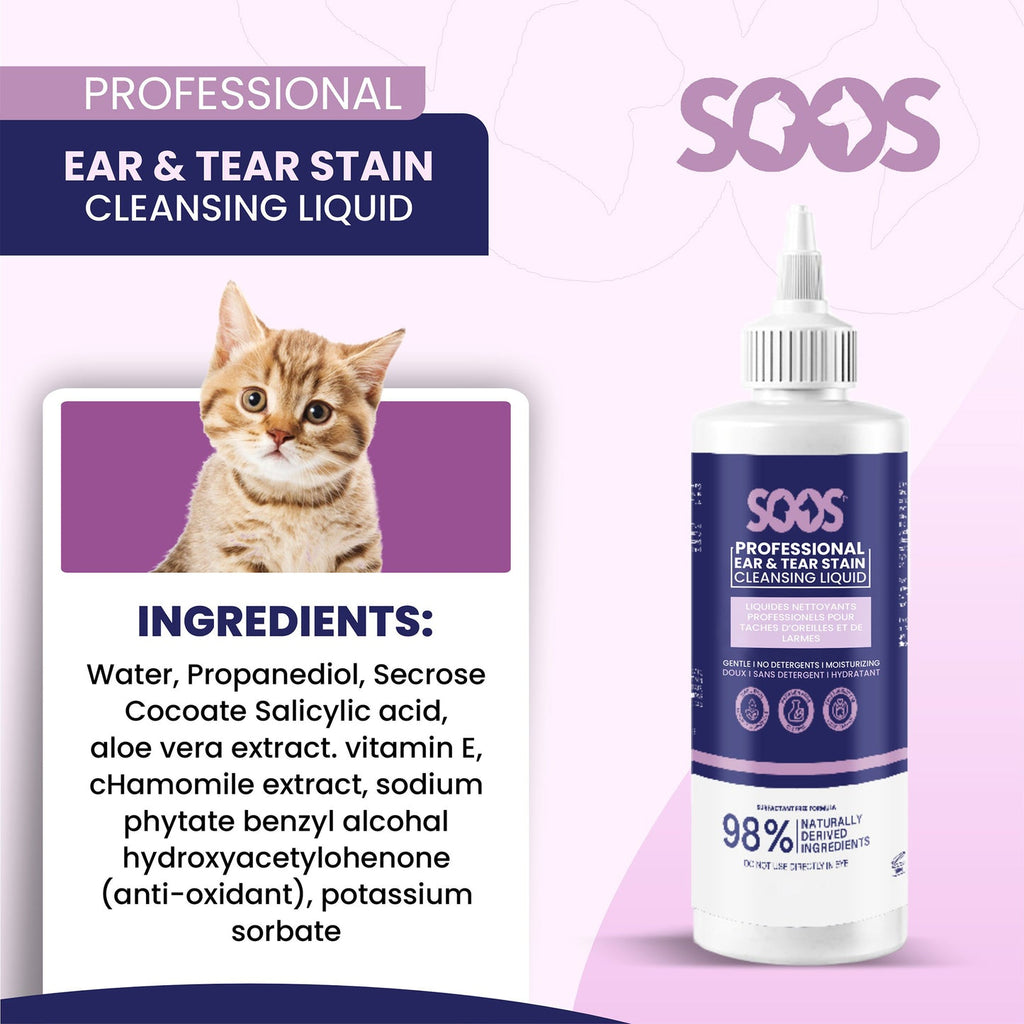 Soos Natural Ear & Tear Stain Cleansing Liquid for Pets