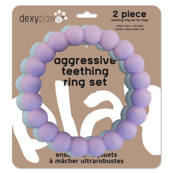 Dexypaws 2 Piece Aggressive Teething Ring Set, Lilac and Sky Blue Dog