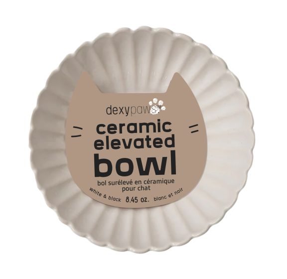 Dexypaws Raised Ceramic Cat Bowl, White With Black Flower Cat 8.7oz