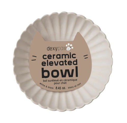 Dexypaws Raised Ceramic Cat Bowl, White With Black Flower Cat 8.7oz