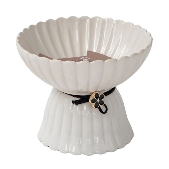 Dexypaws Raised Ceramic Cat Bowl, White With Black Flower Cat 8.7oz