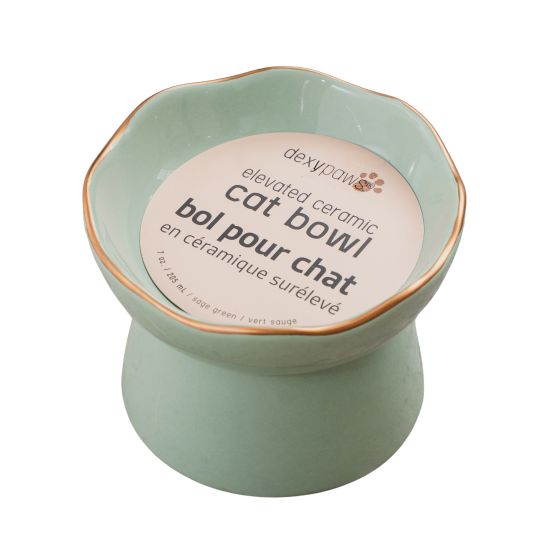Dexypaws Raised Ceramic Cat Bowl, Sage Green 7.75oz Cat