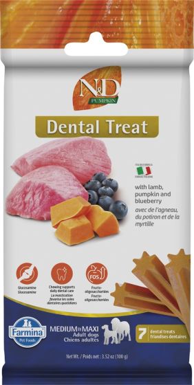 Farmina N&D Dental Treat Pumpkin, Lamb Blueberry Med/Max Dog Treat 100g