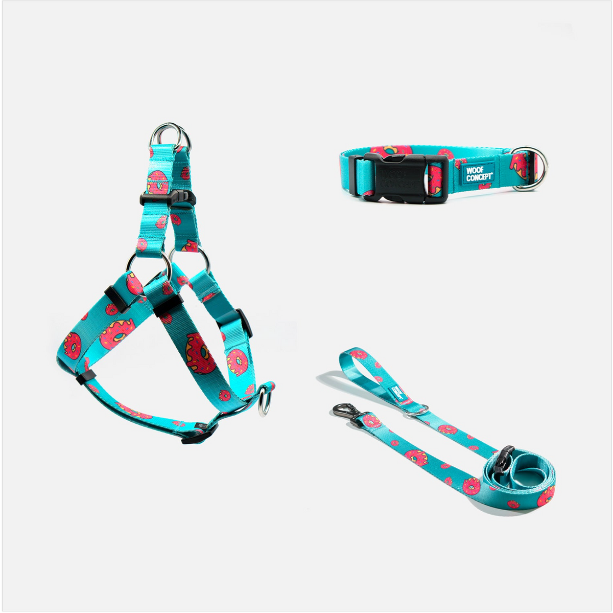Woof Concept Five-O matching dog collar, leash and step-in harness set