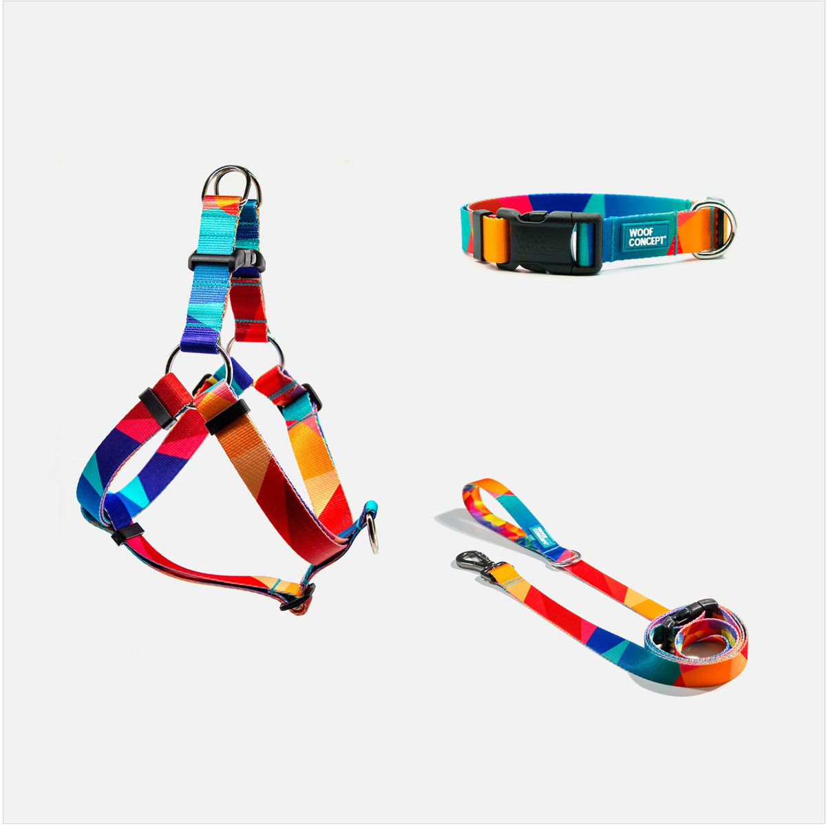 Woof Concept Polygon 2 matching dog collar, leash and step-in harness set