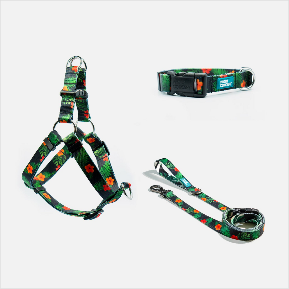 Woof Concept Maui 2 matching dog collar, leash and step-in harness set