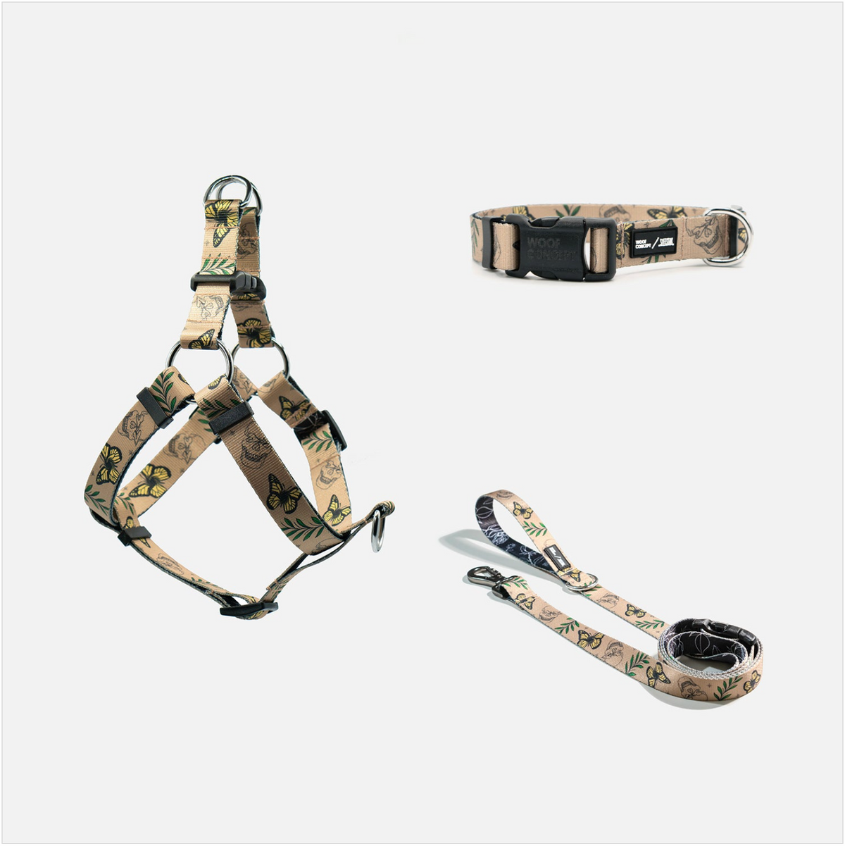 Woof Concept Sleestak matching dog collar, leash and step-in harness set
