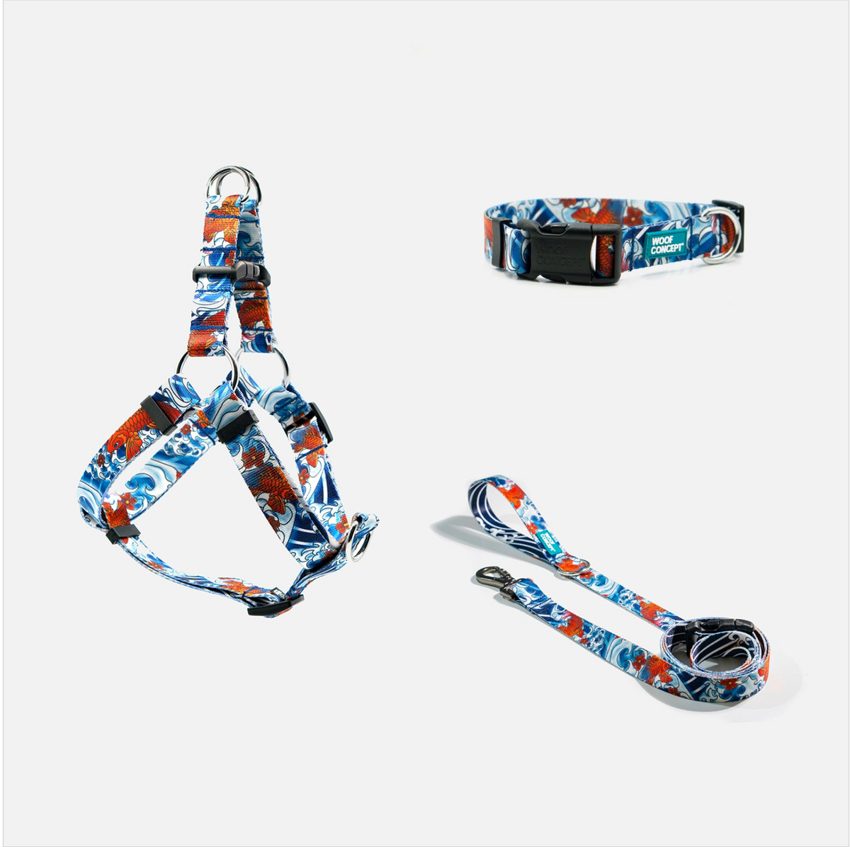 Woof Concept Koi matching dog collar, leash and step-in harness set