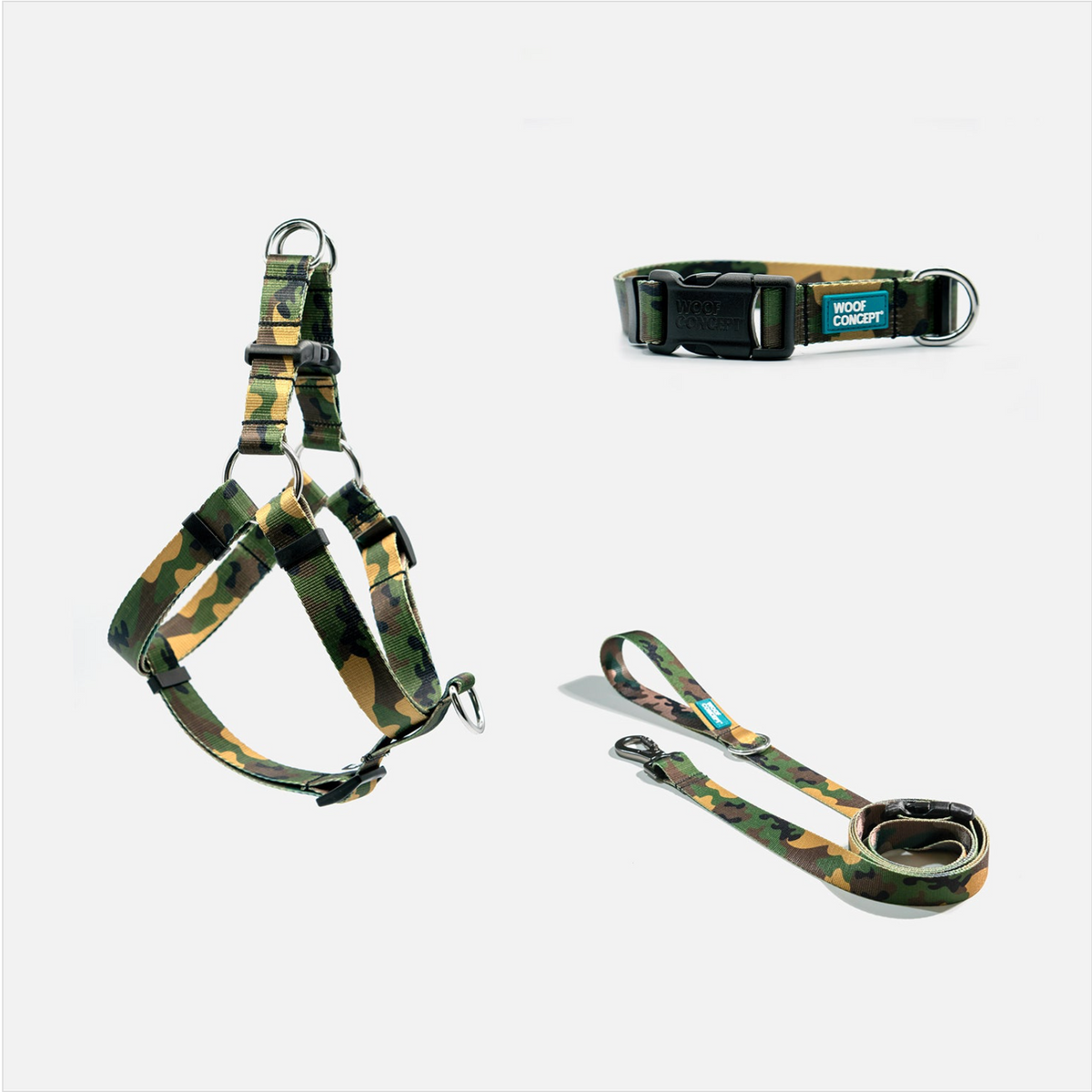 Woof Concept Woodland matching dog collar, leash and step-in harness set