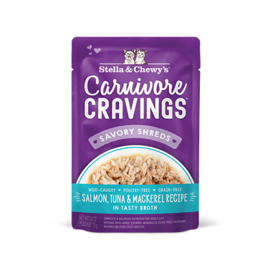 Stella & Chewy's Carnivore Cravings Savory Shreds Grain Free Wild-Caught Salmon, Tuna & Mackerel Recipe in Tasty Broth Wet Cat Food