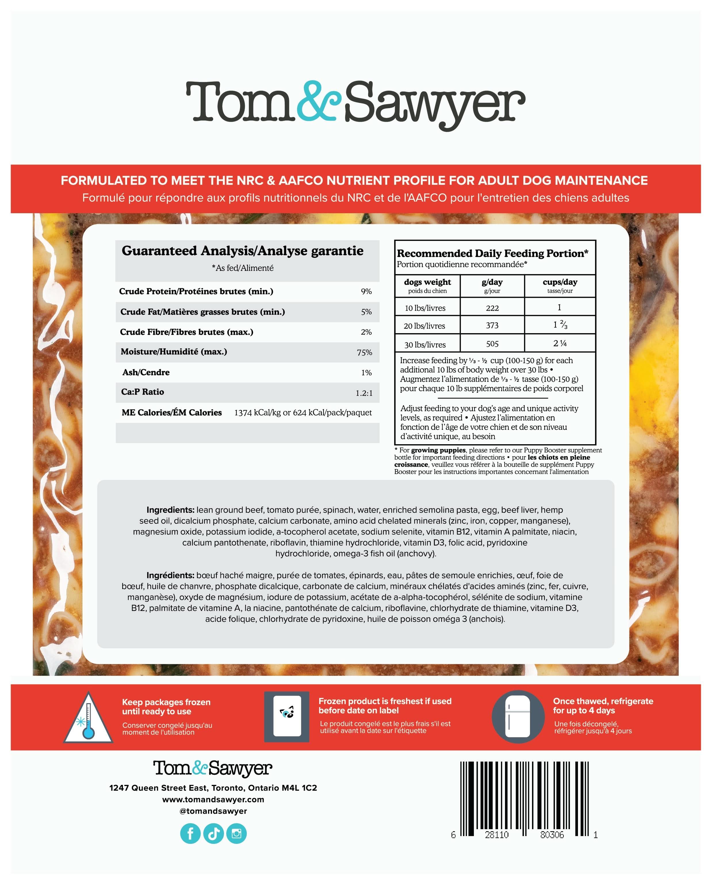 Tom&Sawyer Italian Beef Pasta - Gently Cooked Frozen Meals for Dogs